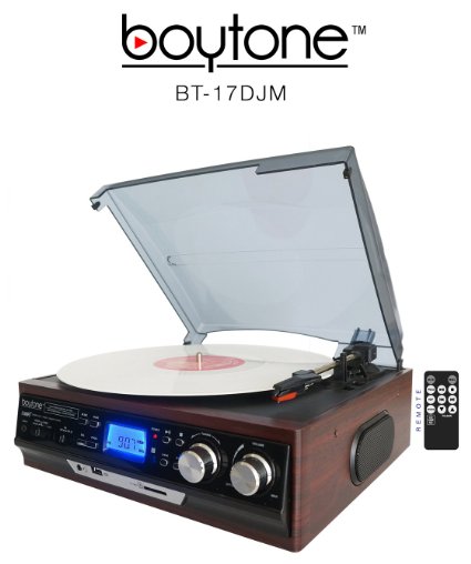 Boytone BT-17DJM 3-speed Stereo Turntable 2 Built in Speakers Digital LCD Display AMFM Radio USBSD Slot AUX MP3 and WMA Playback Recorder and Headphone Jack  Remote Control