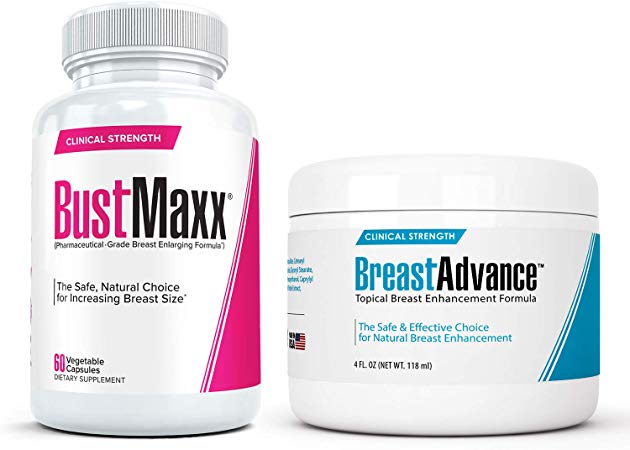 BustMaxx (60 Caps) Bundled with Breast Advance (4 oz.) - Most Effective Natural Breast Growth and Enhancement Combination for Bigger, Larger, Fuller Breasts | Enlargement Supplement & Topical Cream