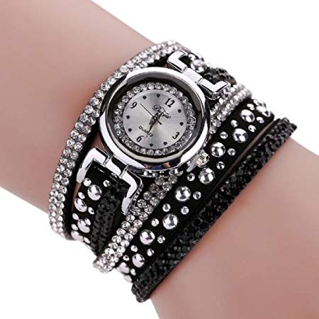 Malltop Vintage Bling Crystal Braided Winding Wrap Chain Bracelet Dial Quartz Wrist Analog Watch Pretty Gift for Teenager