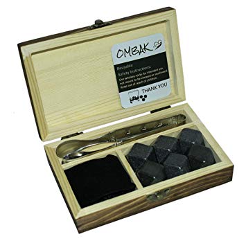 Whiskey Rocks, Gift Set Of 6 Diamond Shaped and Polished Stones, Made of Natural Basalt Stone, Keep Your Drink Ice Cold Without Dilution, Engraved Wood Box with Velvet Bag For Refrigeration