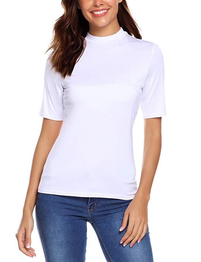 URRU Women's Sleeveless/Short Sleeve Slim Fit Turtleneck Mock Soft T-Shirt Tank Tops Basic Stretchy Pullover S-XXL