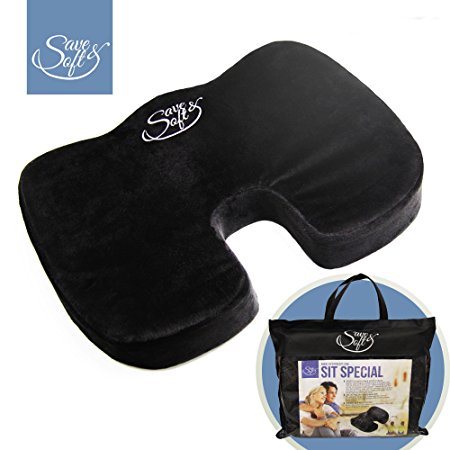 Save&Soft Memory Foam Seat Cushion - Orthopedic Coccyx Pillow for Office Chair, Car, Plane, Wheelchair – Comfortable Design to Relieve Back, Sciatica, & Tailbone Pain, or for Pregnancy