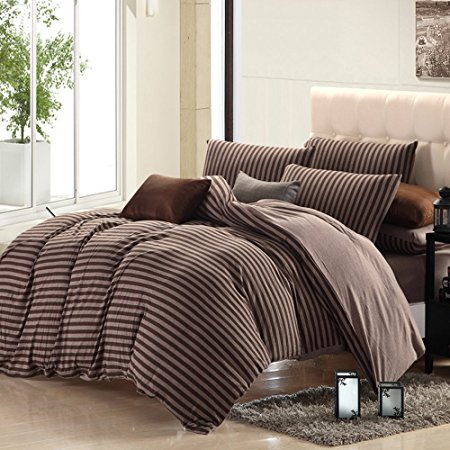 PURE ERA Ultra-Soft Comfy Jersey Knit Cotton Home Bedding Sets Striped Duvet Cover and Pillow Shams Brown King Size