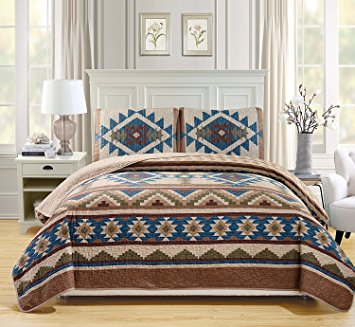 Western Southwestern Native American Tribal Navajo Design 3 Piece Multicolor Beige Taupe Brown Blue Green Oversize Bedspread Quilt Coverlet Set (Queen)