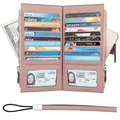 Lavemi RFID Blocking Credit Card Holder Bifold Genuine Leather Wallets for Women with Wristlet Two Large Zipper Pockets
