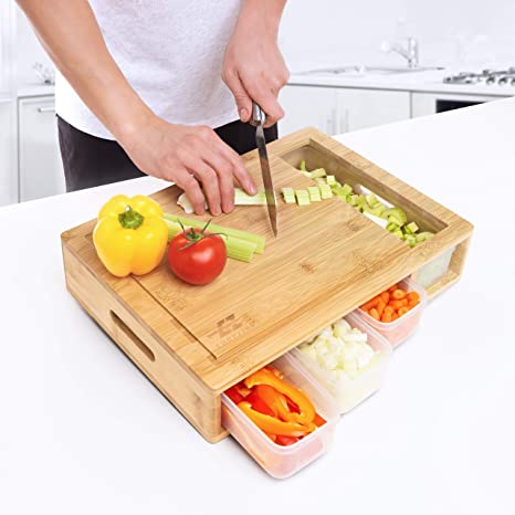 ChopZing PREMIUM Bamboo Cutting Board With Stackable Containers and Lids | MEAL PREP time saver | Large Cutting Board Set great for STORAGE | Quick and Easy Cleanup and Transportation
