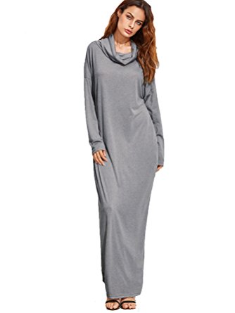 Verdusa Women's Casual Long Sleeve Cowl Neck Loose Pocket Shift Long Maxi Dress