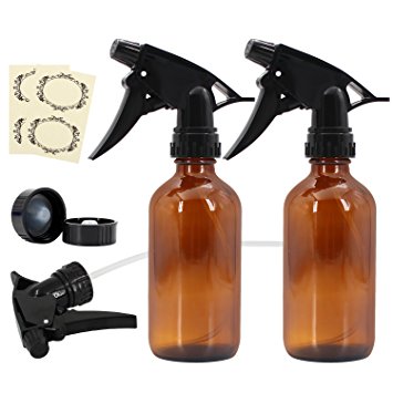 Mavogel, Pack of 2, 8 oz Empty Amber Glass Spray Bottle with Black Trigger Sprayers for Essential Oils, Cleaning Products -- 1 Extra Trigger, 2 Bottle Caps, 4 Bottle Labels Included