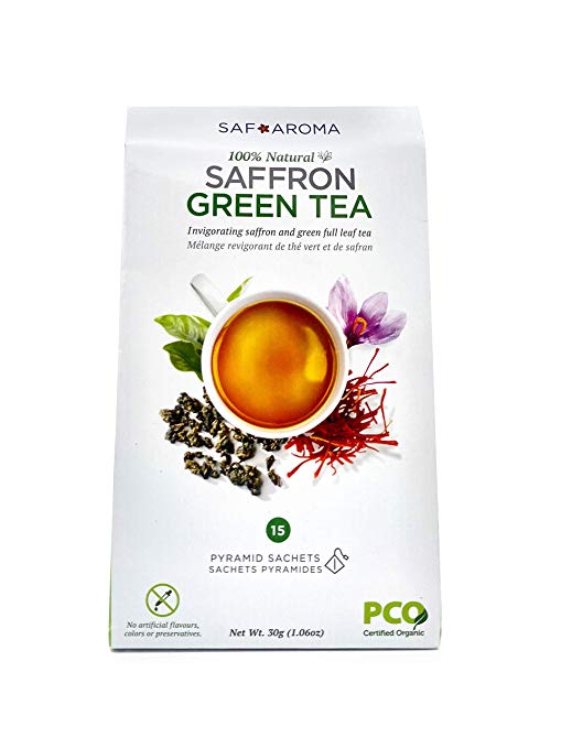 Safaroma Saffron Green Tea - Containing Premium Red Saffron Threads - Certified Organic, Full Leafs - Saffron Green Gunpowder Tea -Perfect Detox & Very Tasty Tea |15 Transparent Naturally-Made Sachets