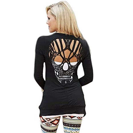 WLLW Womens Long Sleeve Open Front Back Cut Out Skull Cardigan Tops