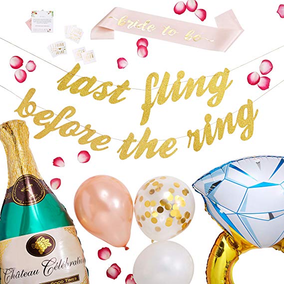Bachelorette Party Supplies | Includes: Rose Gold Bride To Be Sash, 12 Bridal Balloons, Large Champagne and Ring Balloon, Last Fling Party Banner | Complete Bachelorette Party Decorations and Favors
