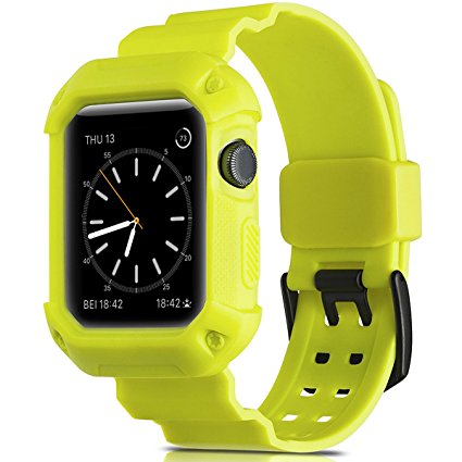 Apple Watch Band 42mm with Case,Camyse Shockproof Rugged Protective Cover with Strap Bands Stainless Steel Clasp for iWatch Apple Watch Series 3, 2, 1 Sport & Edition for Men Women grils boys - Yellow