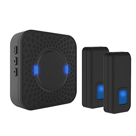 Wireless Doorbell Kit Operating at 950 ft Range with Over 50 Chimes, 5 Level Volume, No Batteries Required Plug-In AC Receiver [1 Transmitter 1 Receiver] - Black (2 Button   1 Plugin Chime)
