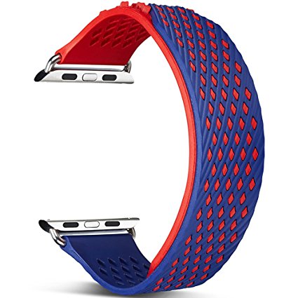 Apple Watch Band,Camyse 42mm iWatch Band Wrist Strap Premium Soft Silicone Replacement Rubber bands with Breathable Ventilation Holes for Apple Watch Series 3, 2, 1,Sport, Edition - ( Blue / Red )