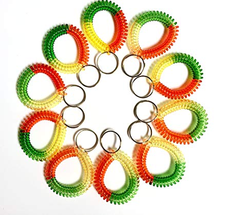 Happyi 10pcs Colorful Bright Assorted Pearlized Gradual Changing Colors Plastic Spiral Coil Wrist Band Key Ring Chain (Grass Green   Fire Red   Bright Yellow)