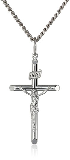 Men's Sterling Silver Crucifix Pendant Necklace with Stainless Steel Chain, 24"