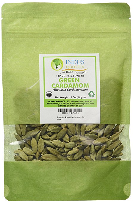 Indus Organics Green Cardamom (Pods), 3 Oz Bag, Super Jumbo Grade, Hand Picked, Freshly Packed