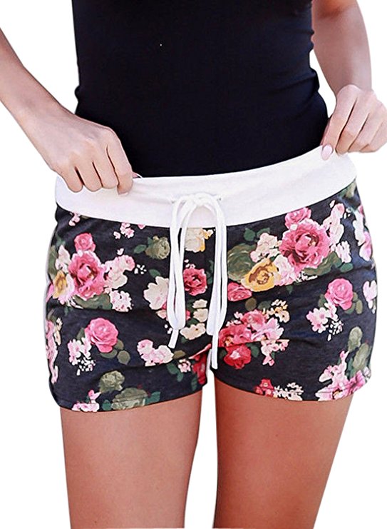 LOSRLY Women Floral Printed Summer Casual Drawstring Waist Shorts With Pocket Plus Size