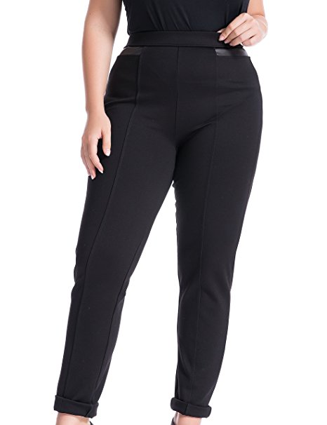 Chicwe Women's Plus Size Pull On Stretch Skinny Pants with PU Waist Trim 14-26