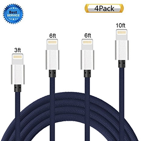 iPhone Cable SGIN, 4Pack 3FT 6FT 6FT 10FT Nylon Braided Cord Lightning Cable Certified to USB Charging Charger for iPhone 7,7 Plus,6S,6s Plus,6,6plus,SE,5S,5,iPad,iPod Nano 7 - Blue
