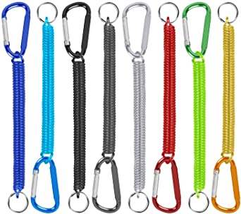 Habelyi 8Pcs Colorful Fishing Lanyards Theftproof Spring Coil Cord Keychain Multicolor Safety Fishing Ropes Fishing Boating Tools Retractable Coiled Tether with Carabiner