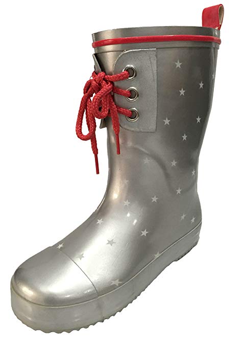 Toddler and Youth Girls Silver and Red Rain Boot Snow Boot with Stars Design and Lace in Front