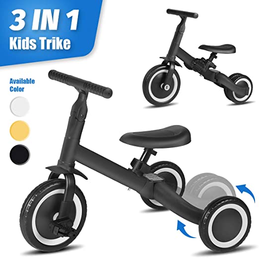 Parker 3 in 1 Kids Trike for Children 1-3 Years Old Kids Tricycle Boys Girls Baby Balance Bike 2 Wheels for Toddlers Tricycle with Removable Pedals (Black)