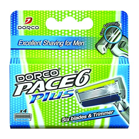 Dorco Pace 6 Plus Replacement Cartridges – Ultra-sharp six blade Shaving System for Men – Includes Trimmer, Vitamin E Lubrication Strip – Common Docking System Compatible With Any Pace Handle – 4 Count