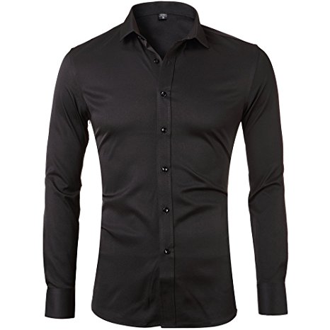 Men’s Bamboo Fiber Dress Shirts Slim Fit Solid Long Sleeve Casual Button Down Shirts, Elastic Formal Shirts for Men