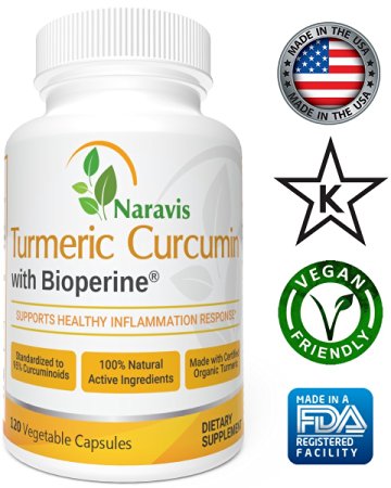 Naravis Turmeric Curcumin with Bioperine - Best non-GMO Natural Anti Inflammatory - Pain Relief - Joint Support - Boosts Immune System - 95% Curcuminoids - 120 Veggie Capsules - Curcumins Supplement