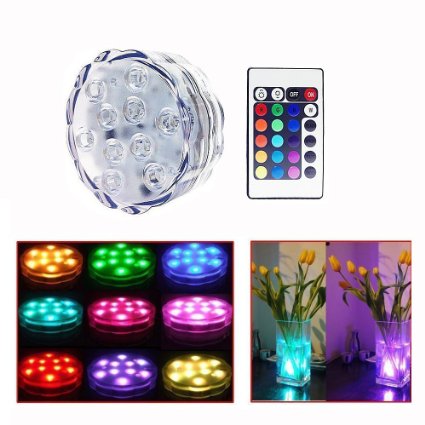 IPEAK 10-LED RGB Submersible LED Light, Multi Color Waterproof Wedding Party Vase Base Floral Light   Remote Control