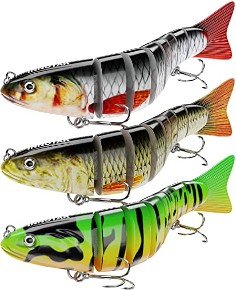 INNOTAK Segmented Fishing Lure Swimbait - Multi Jointed Lures for Bass Smasher Bluegill Trout - Three Segmented Hard Baits in 1 Kit with 3 Fishing Leaders - Multijointed Slow Sinking Swimbaits