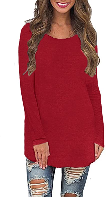 Newbby Womens Long Sleeve Crew Neck Plain Loose Fit Casual Shirt Tunic Tee Tops
