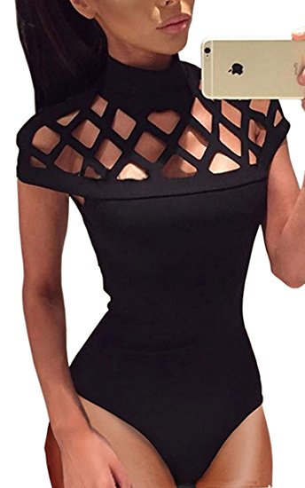 Angashion Women Sexy Sheer Caged Short Sleeve Bodysuit Jumpsuit Clubwear Tops