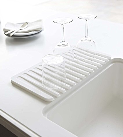 Self Draining Silicone Drying Mat. 15 x 8 Inches Dish and Glassware Sloped Board Silicone Tray in White. Anti-Bacterial, Dish Washer Safe. Heat Resistant Trivet. Talented Kitchen