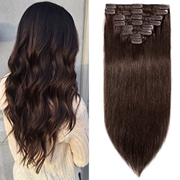 8"-24" inch 65g-120g Standard Weft Clip in Human Hair Extensions Remy - 8 Pieces Full Head Straight (10"-70g, #2 Dark Brown)