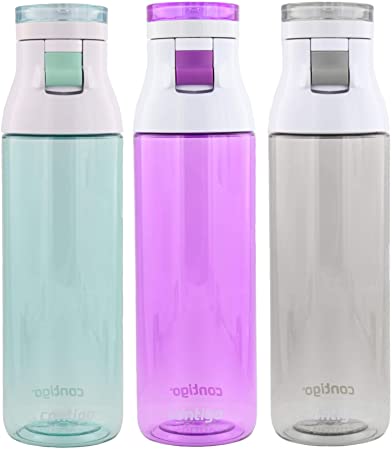 Contigo Jackson Reusable Water Bottle – BPA Free, Easy Push Button, Carry Loop - Top Rack Dishwasher Safe - Great for Sports, Home, Travel- 24oz, Greyed Jade, Radiant Orchid & Smoke (3pk)