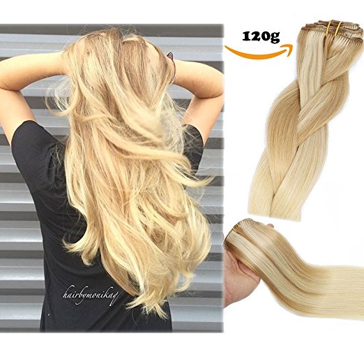 Clip In Human Hair Extensions Honey Bleach Blonde Extension Clip ins New Version Thickened Double Weft 7A Brazilian Hair 120g 7pcs Full Head Silky Straight 100% Human Hair Clip In Extensions 18 Inch