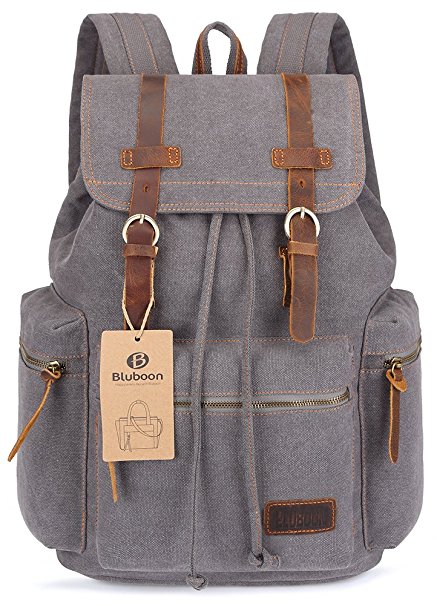 Vintage Canvas Backpack unisex leather rucksack daypack for travel and school ( Grey)