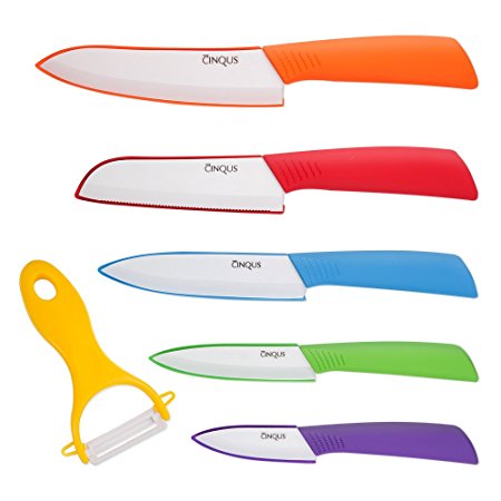 Ceramic Knife Set, CINQUS 6 Kitchen Knife with Sheath Covers, Chef Knife Set with and Paring Knives