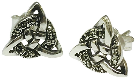 Sterling Silver Celtic Trinity Marcasite Stud Earrings - GIFT BOXED