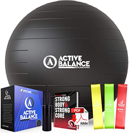 Active Balance Exercise Ball - Gym Grade Fitness Ball for Stability, Balance & Yoga - Comes with Bonus Resistance Bands and eBook Includes Pump & Accessories