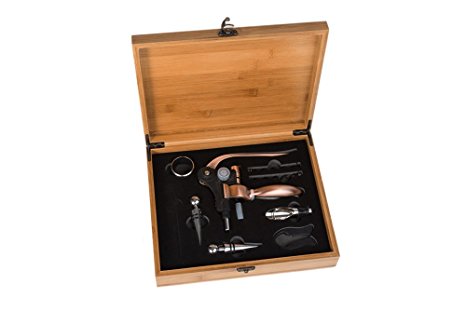 Premium Wine Opener Accessory Kit | Includes Opener, Aerator, Stopper, Drip Catcher & Foil Cutter | Dark Cherry Wood Case - 8 Piece Gift Set
