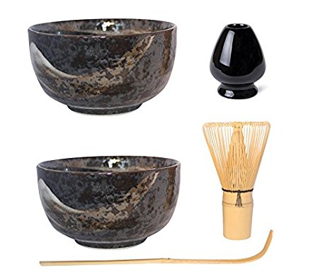 Matcha Tea Bowl Set (5 Piece) - Consisting Of 2 Matcha Bowls (Black), Matcha Bamboo Whisk, Ceramic Whisk Holder (Black) And Matcha Bamboo Spoon or Scoop - Japanese Matcha Tea Ceremony Set