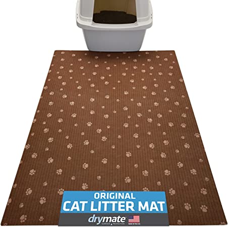 Drymate Original Cat Litter Mat, Contains Mess from Box for Cleaner Floors, Urine-Proof, Soft on Kitty Paws -Absorbent/Waterproof- Machine Washable, Durable (USA Made) (28” x 36”) (BrownStripeTanPaw)