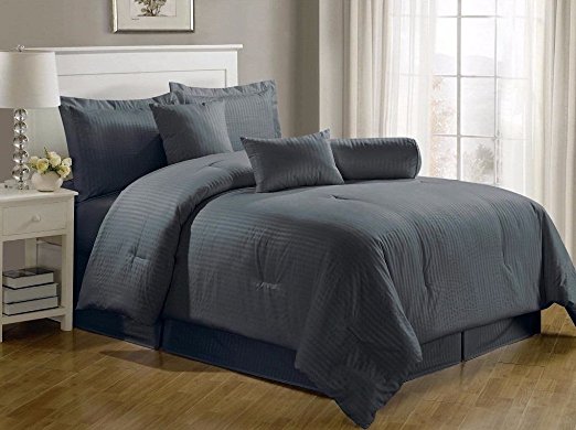 Chezmoi Collection 7-Piece Hotel Dobby Stripe Comforter Set, Full, Gray