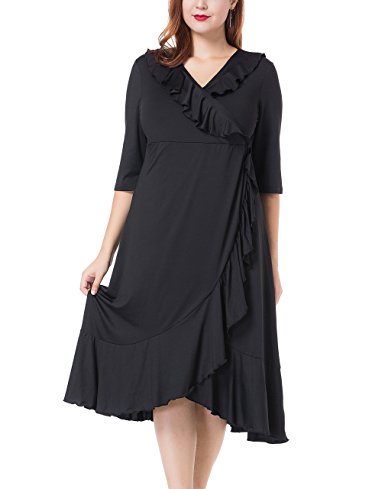 REDHOTYPE Women’s Casual V-Neck Ruffled 3/4 sleeve Plus Size Dress