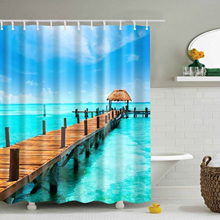 Messagee Island Holiday Beautiful Blue Sea Fabric Waterproof Shower Curtain Pleasing Design