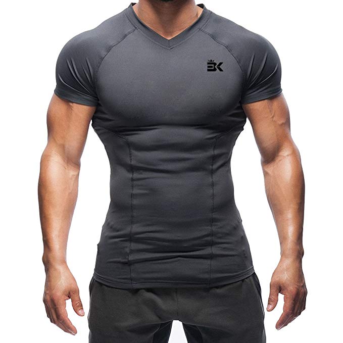 BROKIG Mens Gym Running Compression Top Bodybuilding Fitness Base Layers Short Sleeves T Shirts