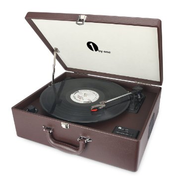 1byone Belt-Drive 3-Speed Suitcase Turntable with Built in Speakers, Supports Vinyl to MP3 Recording, USB MP3 Playback, Bluetooth, AUX In and RCA Output, Wine Red